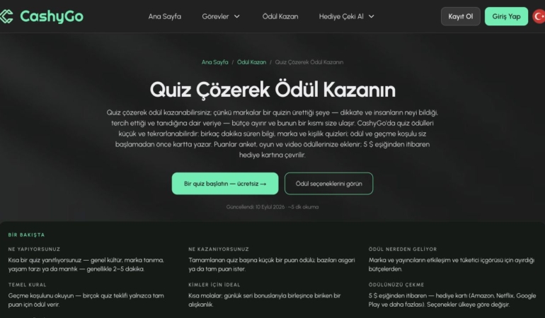 CashyGo quiz görevleri sayfası ekran görüntüsü
